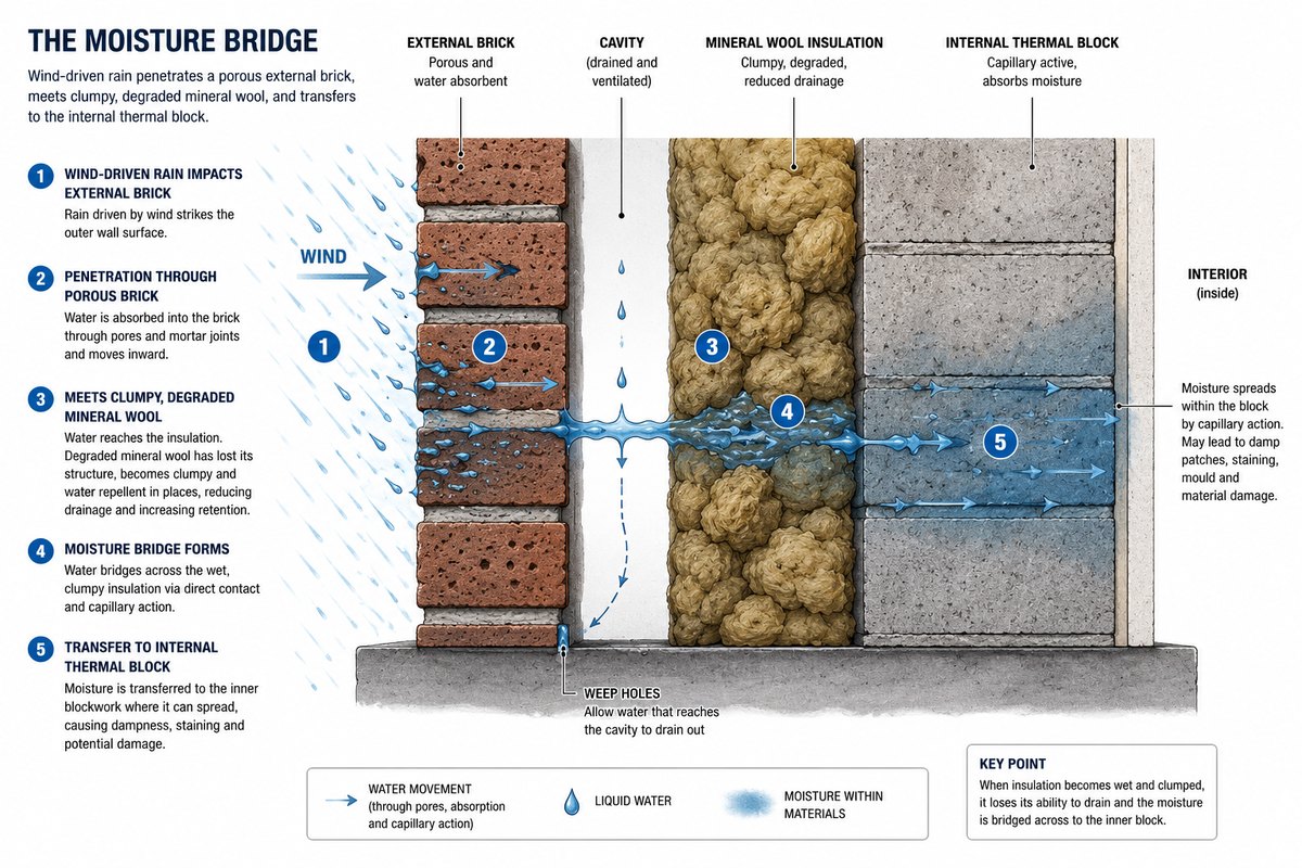 Diagram of a moisture bridge through failed cavity wall insulation